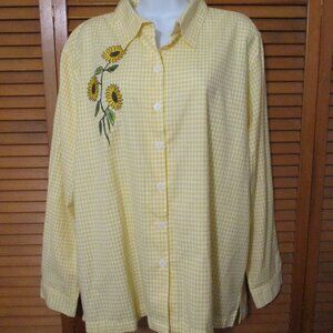 National Retro Gingham top NEW sunflower button down 100% cotton blouse size XL